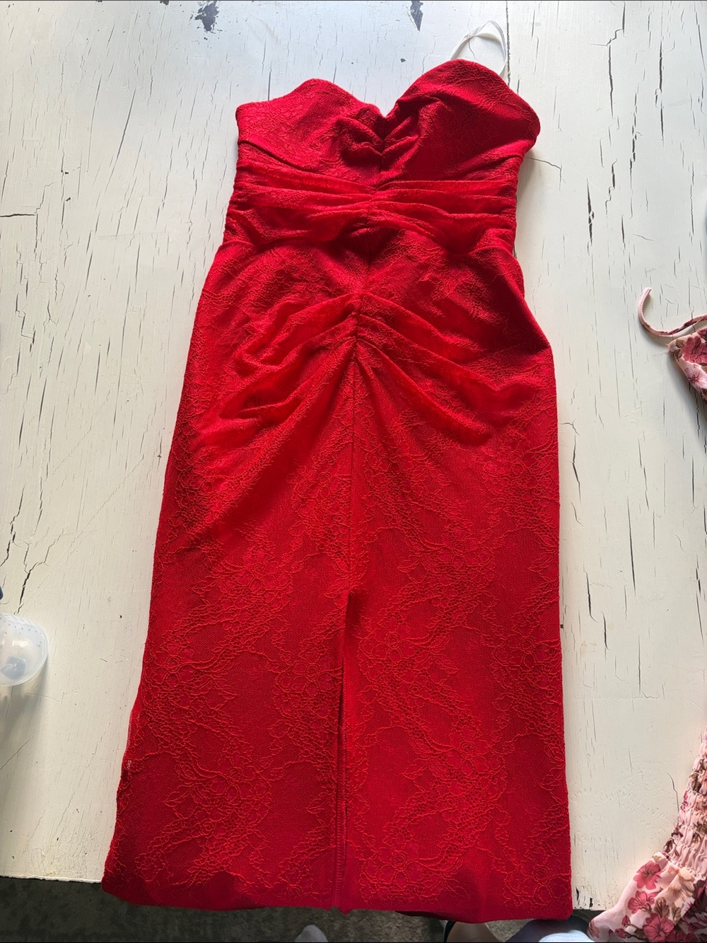 Lovers + Friends Red Strapless Ruched Lace Midi Dress